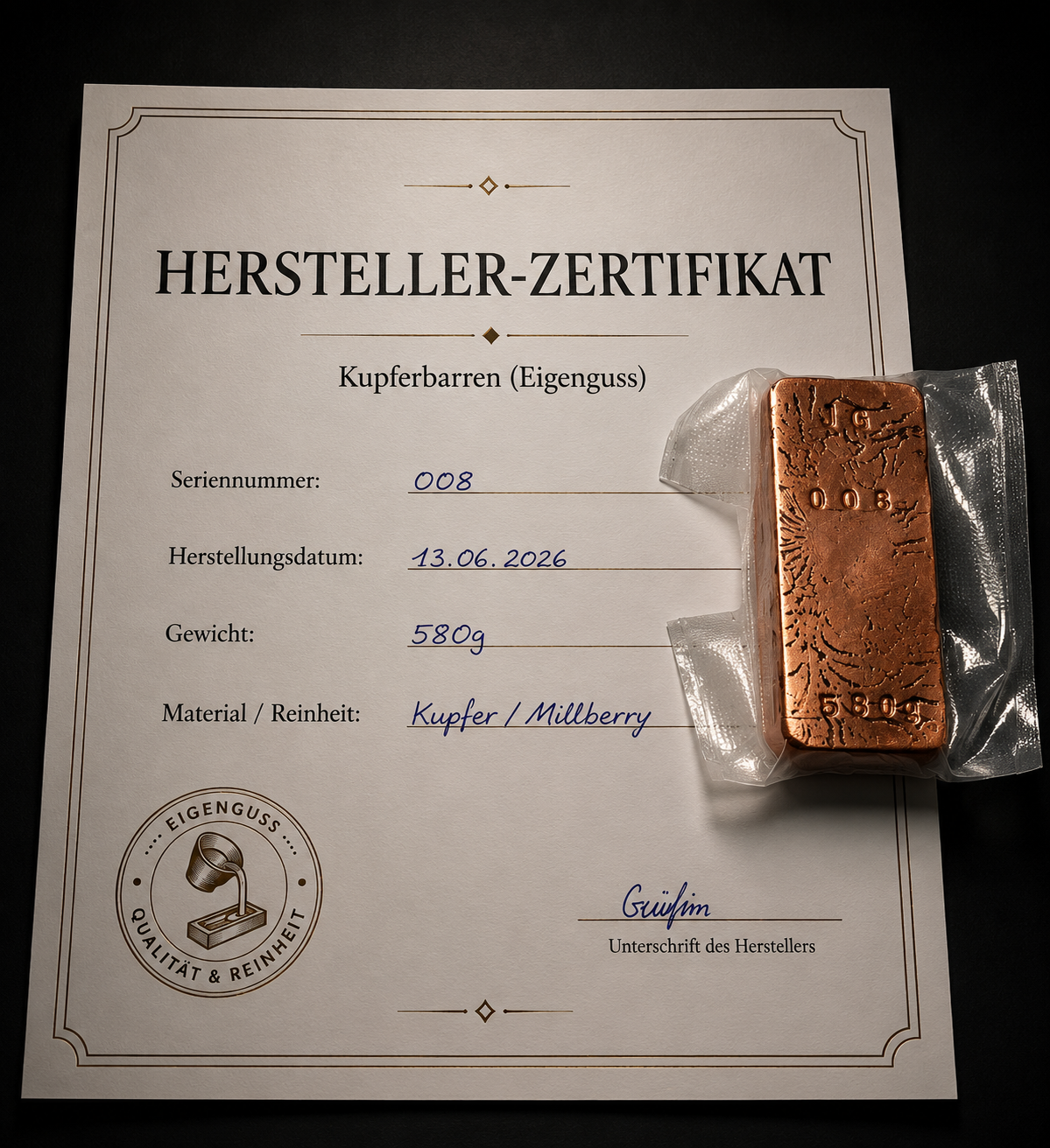 Kupferbarren Eigenguss 580g Millberry +Zertifikat