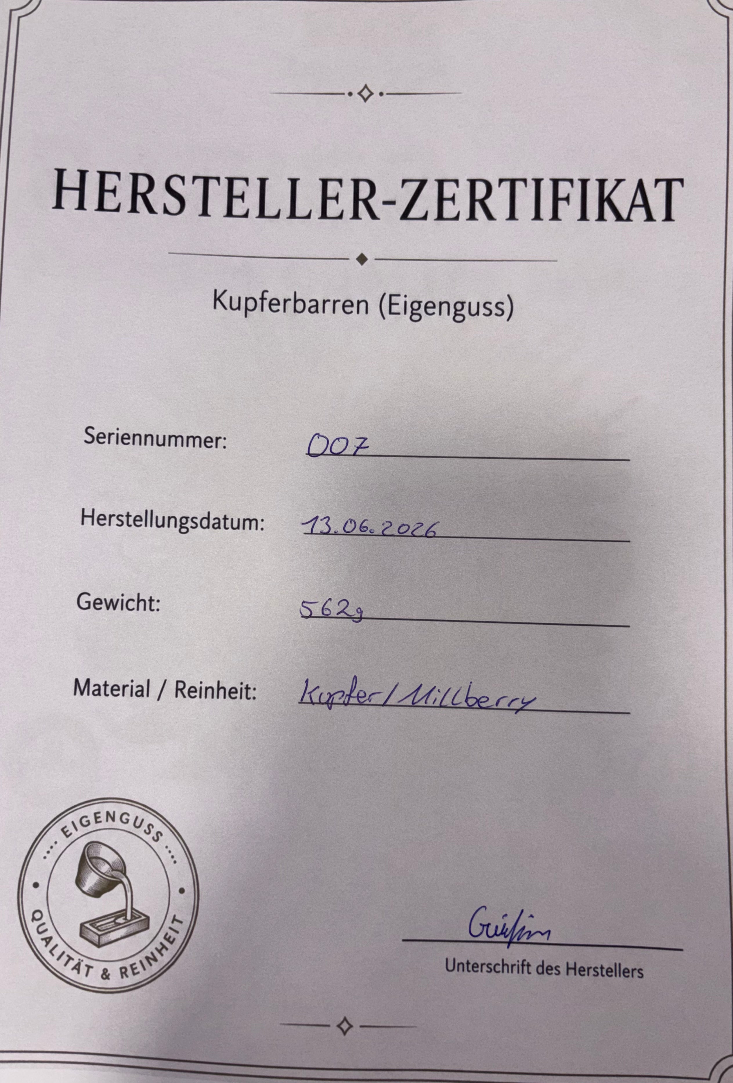 Kupferbarren Eigenguss 562g Millberry +Zertifikat