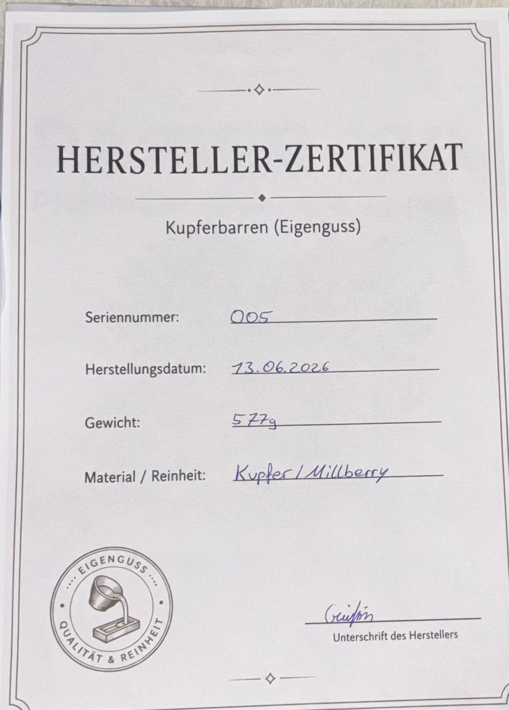 Kupferbarren Eigenguss 577g Millberry+Zertifikat
