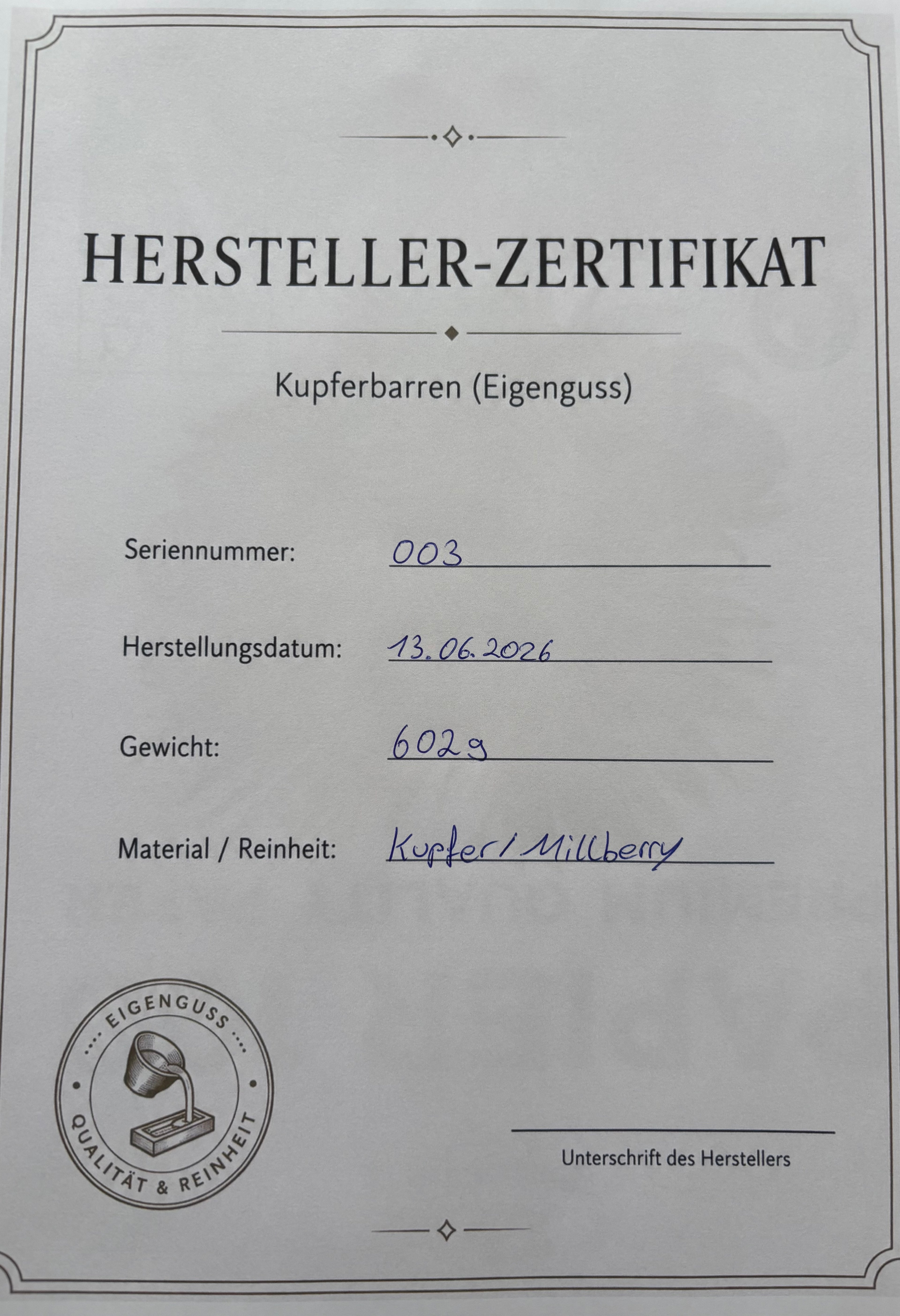 Kupferbarren Eigenguss 602g Millberry +Zertifikat