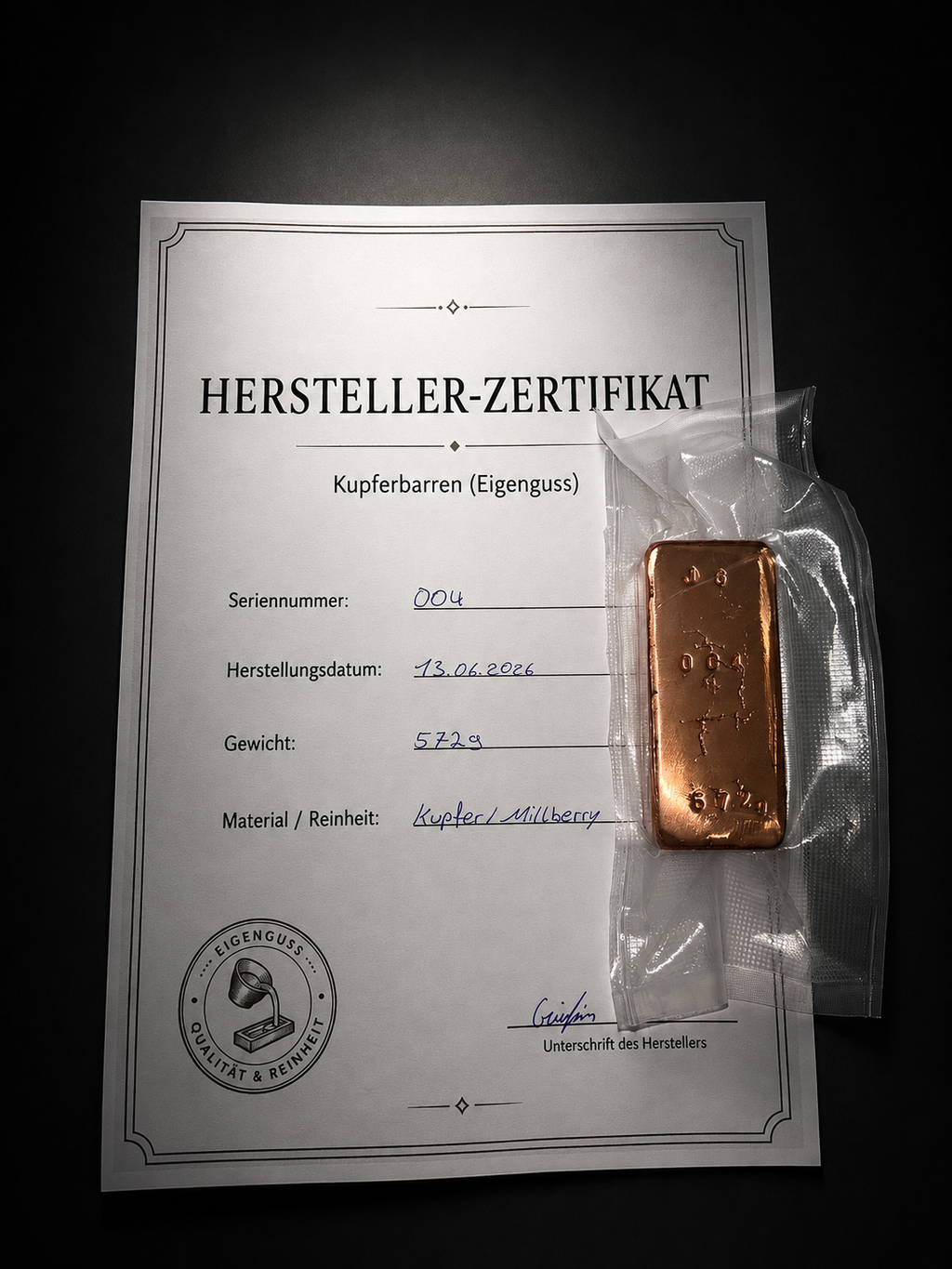 Kupferbarren Eigenguss 572g Millberry +Zertifikat