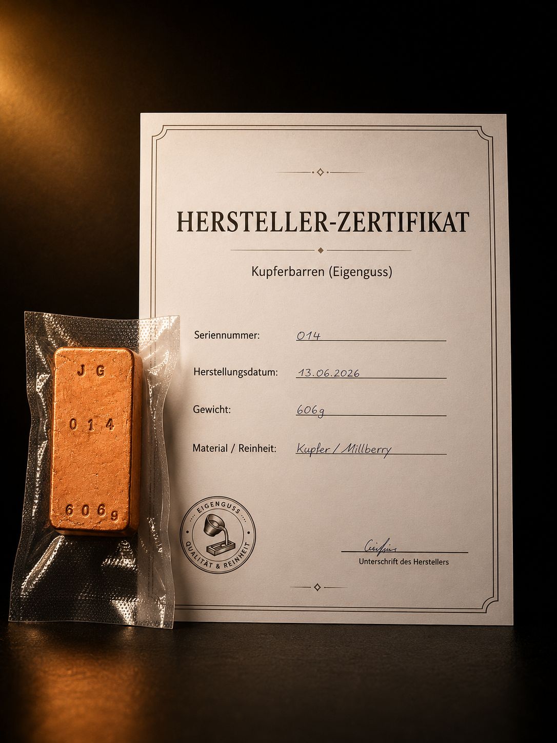 Kupferbarren Eigenguss 606g Millberry + Zertifikat