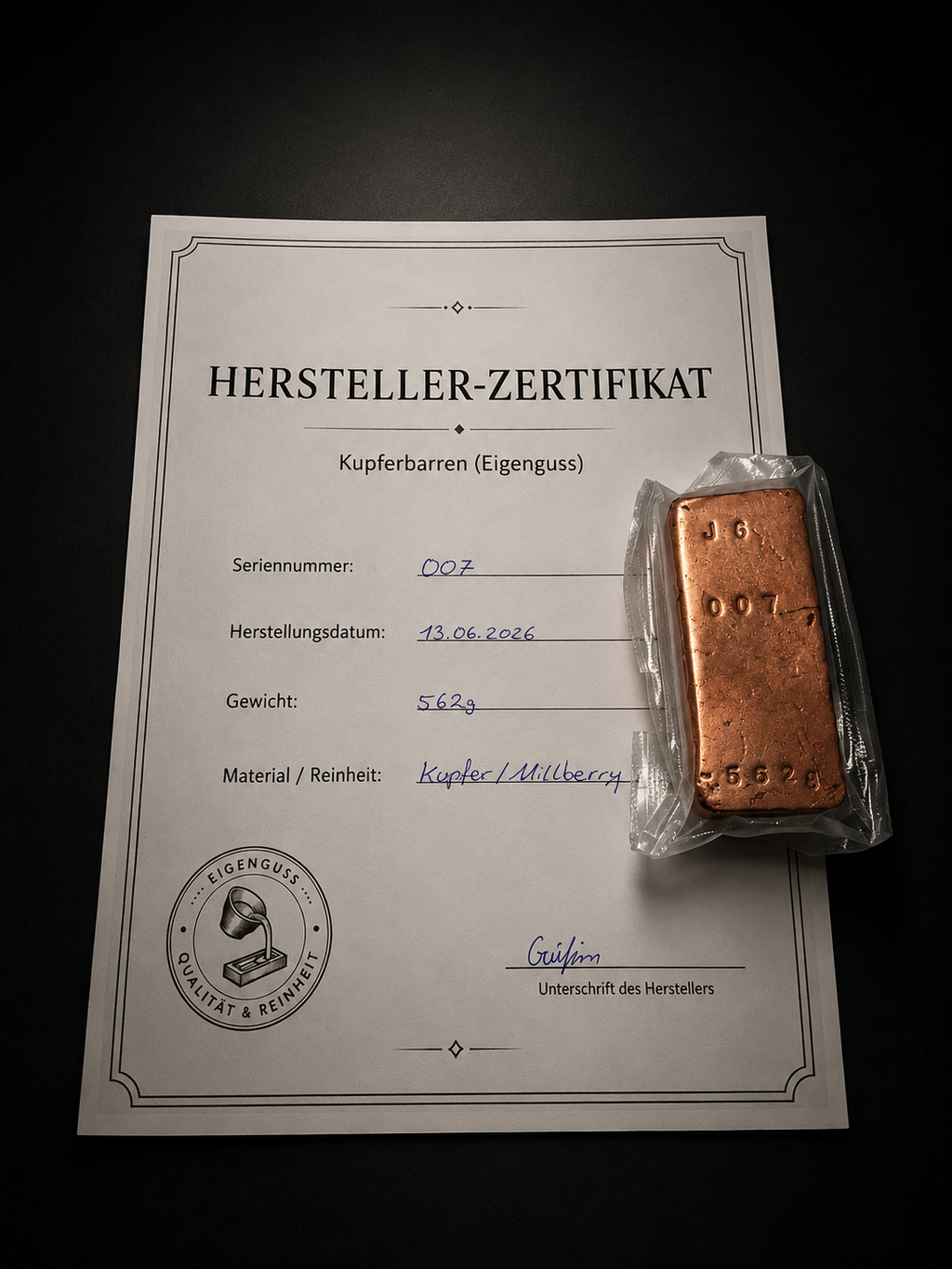 Kupferbarren Eigenguss 562g Millberry +Zertifikat