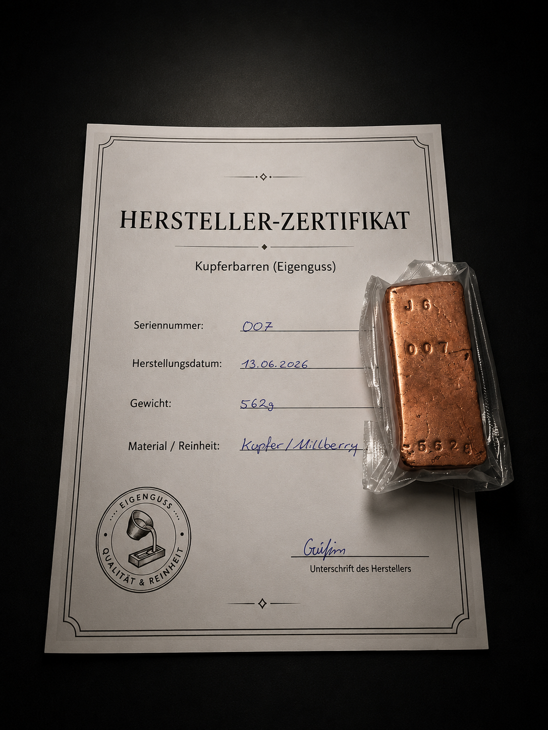 Kupferbarren Eigenguss 562g Millberry +Zertifikat
