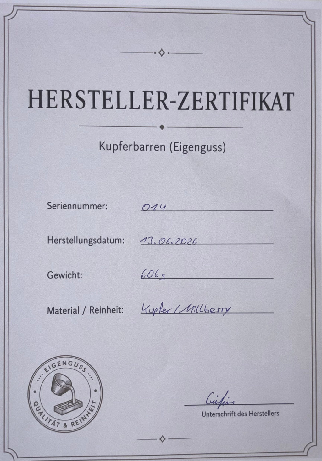 Kupferbarren Eigenguss 606g Millberry + Zertifikat