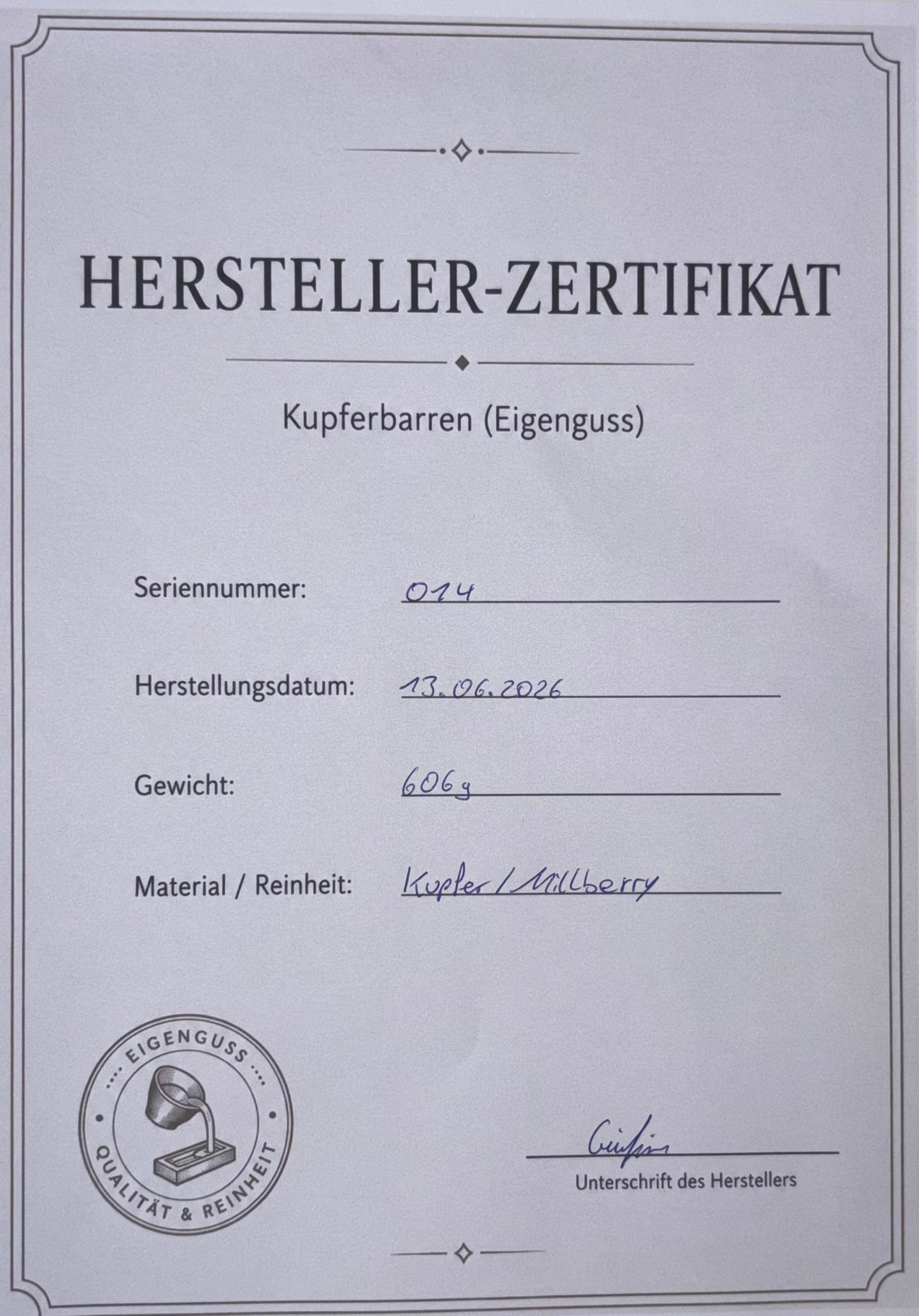 Kupferbarren Eigenguss 606g Millberry + Zertifikat