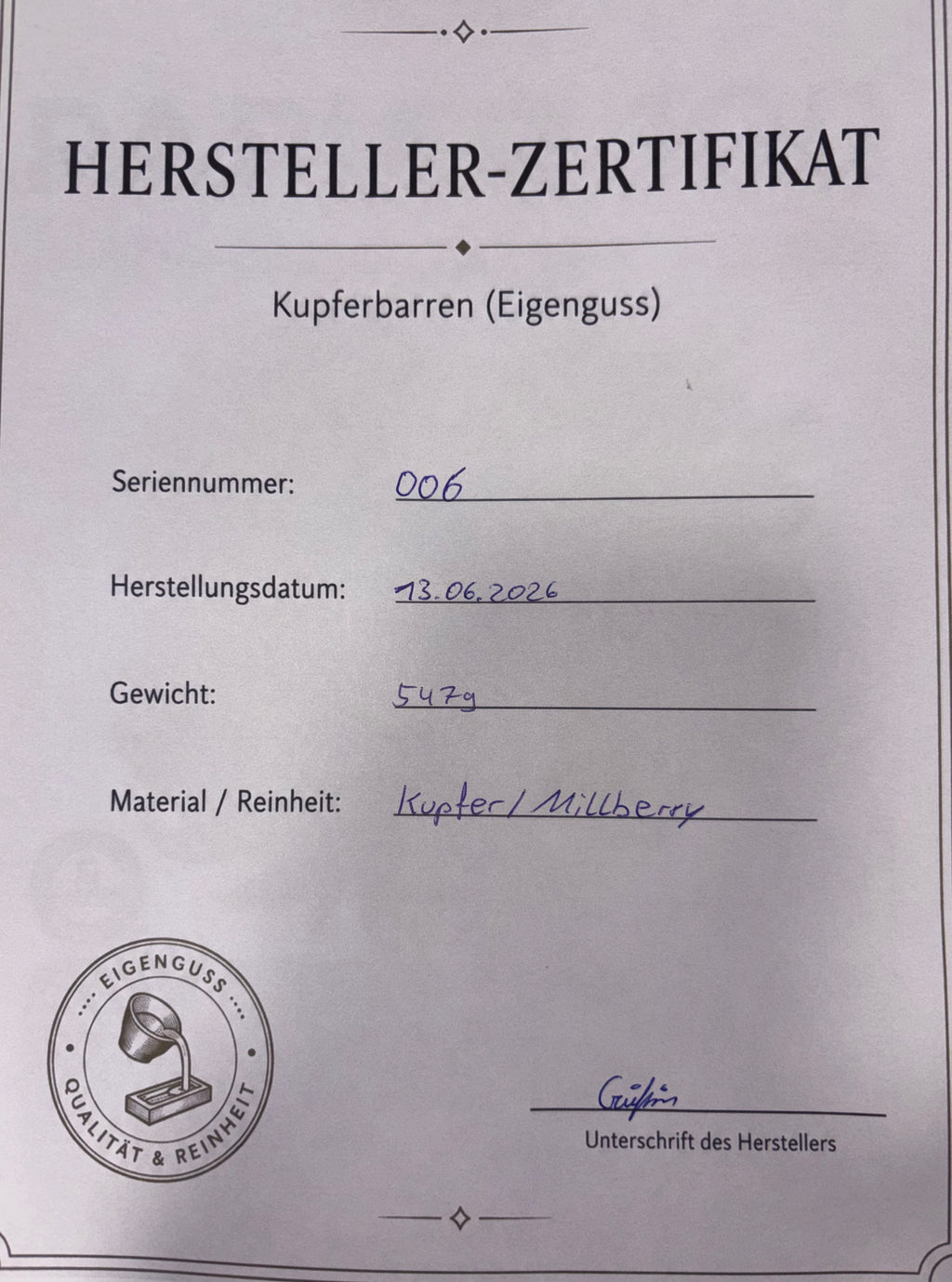 Kupferbarren Eigenguss 547g Millberry +Zertifikat