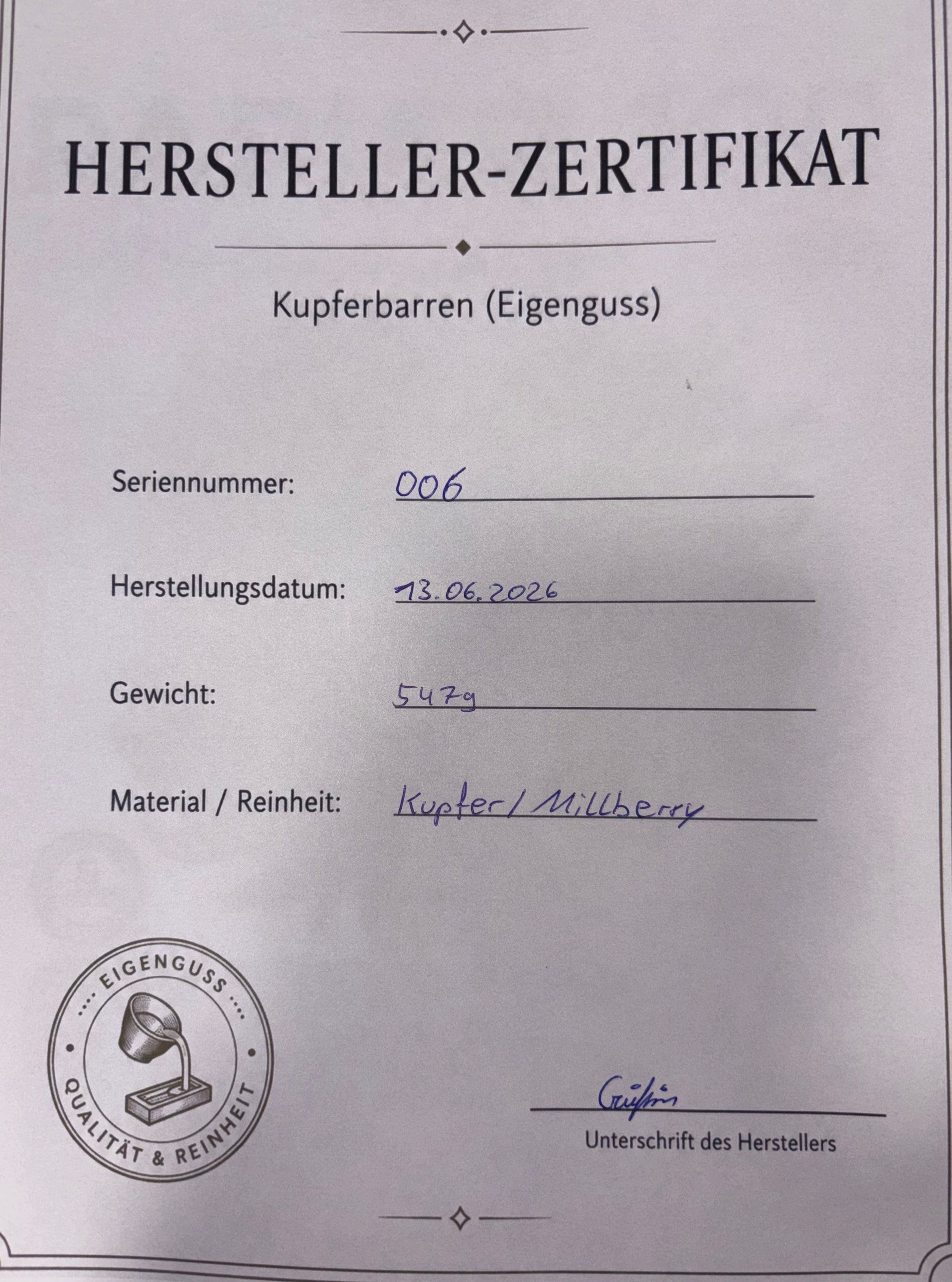 Kupferbarren Eigenguss 547g Millberry +Zertifikat