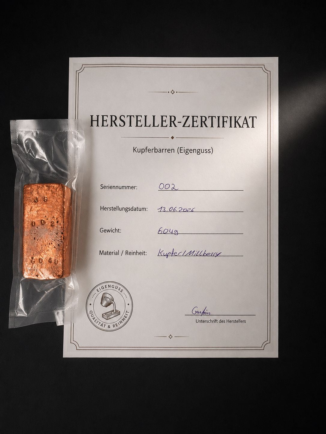 Kupferbarren Eigenguss 604g Millberry +Zertifikat