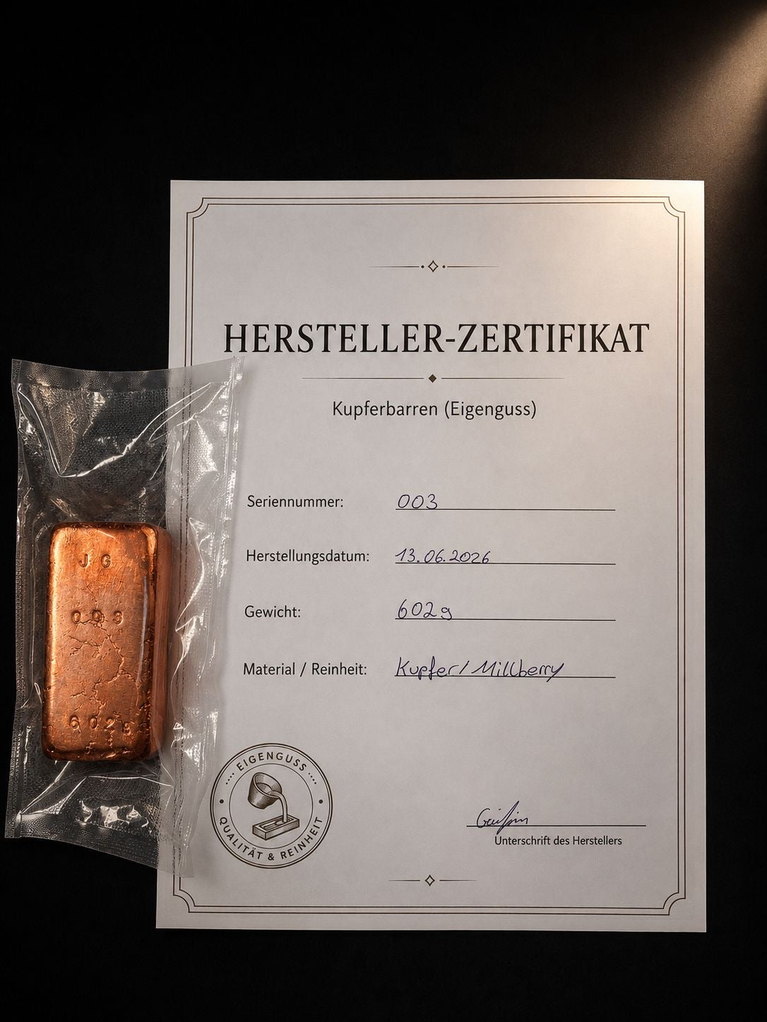 Kupferbarren Eigenguss 602g Millberry +Zertifikat