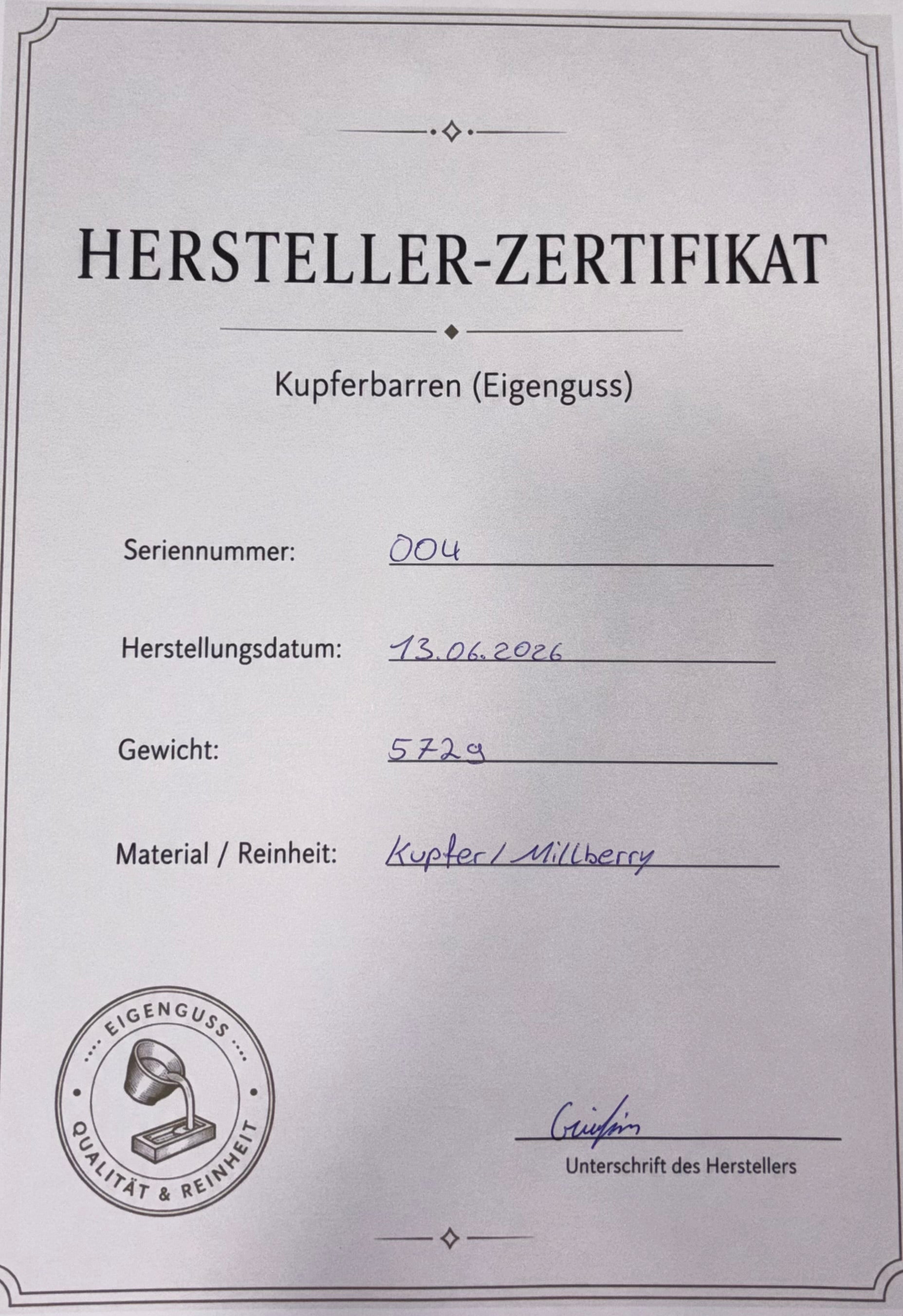 Kupferbarren Eigenguss 572g Millberry +Zertifikat