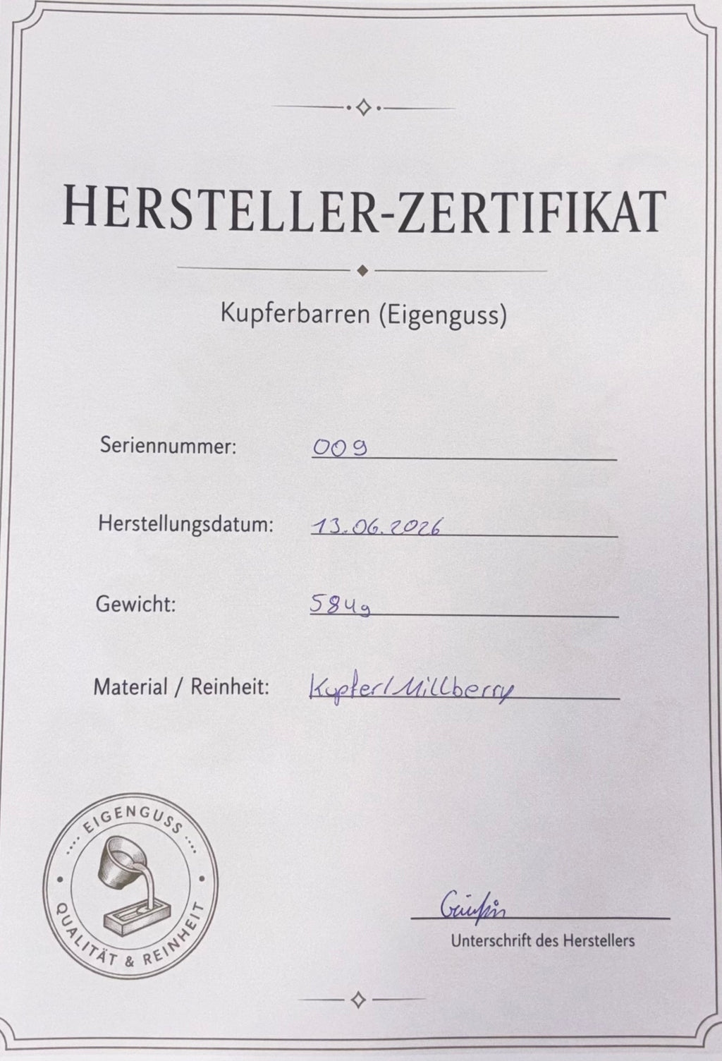 Kupferbarren Eigenguss 584g Millberry +Zertifikat