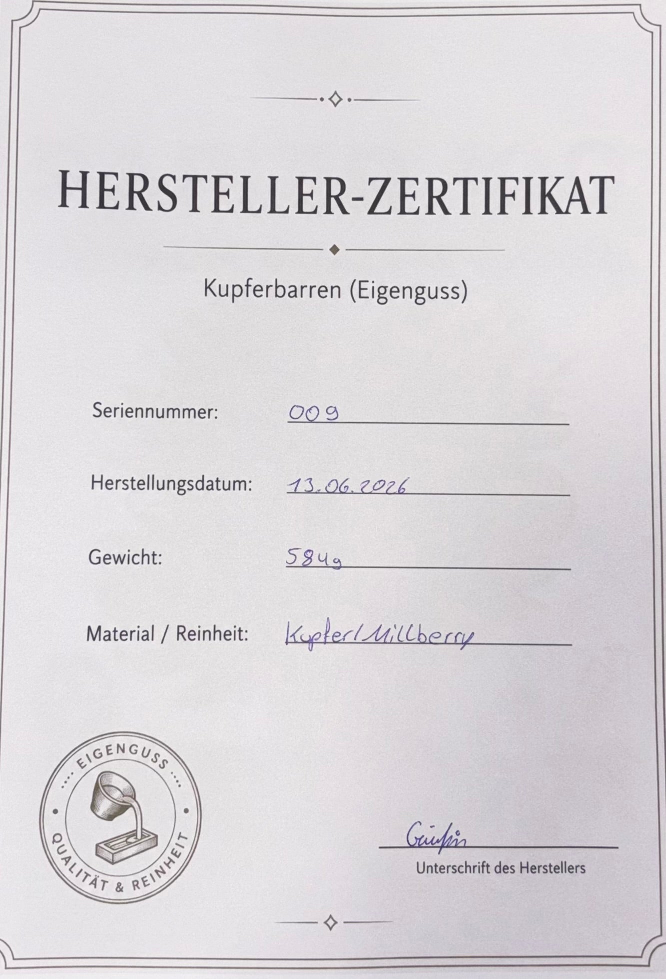 Kupferbarren Eigenguss 584g Millberry +Zertifikat