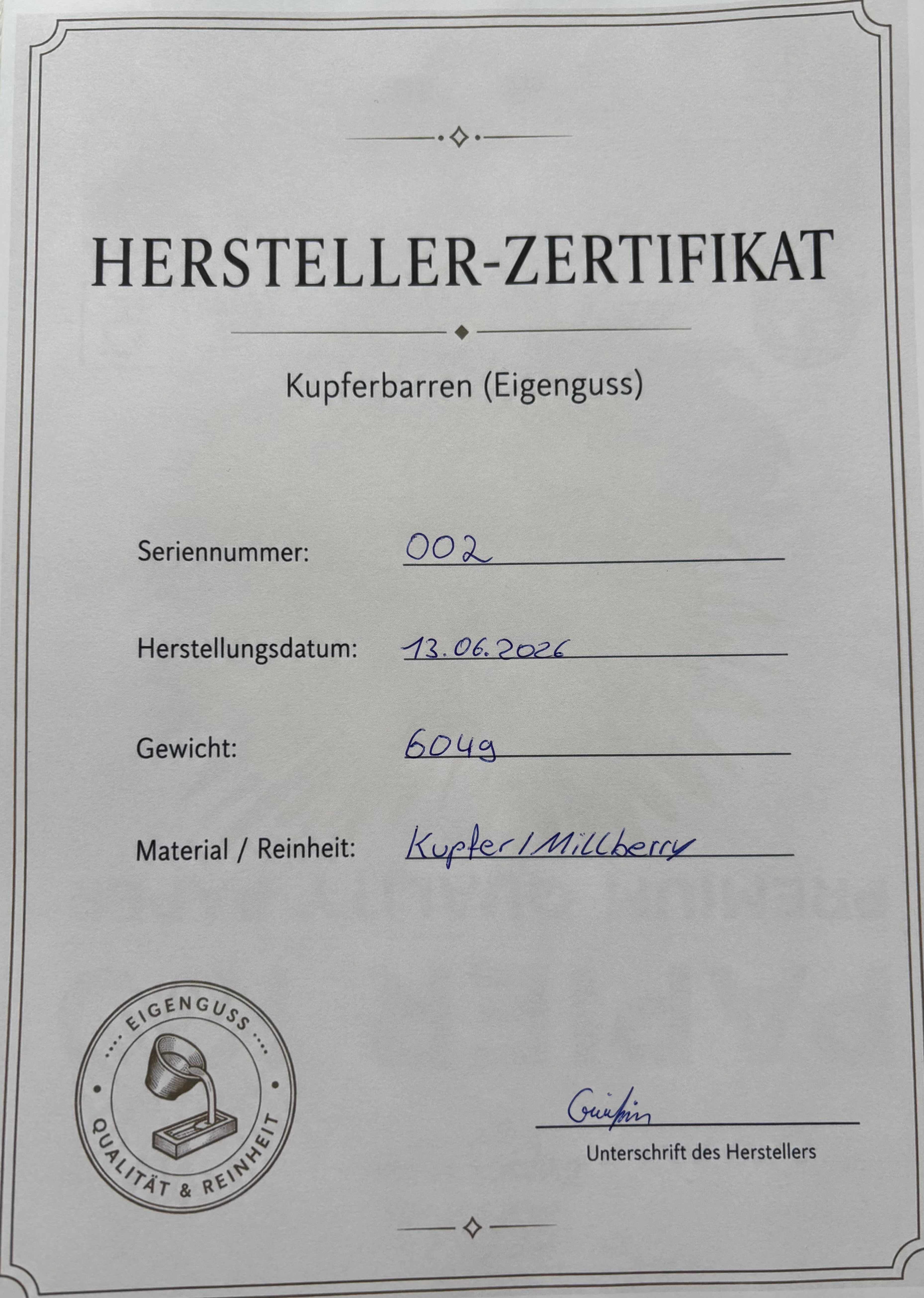 Kupferbarren Eigenguss 604g Millberry +Zertifikat