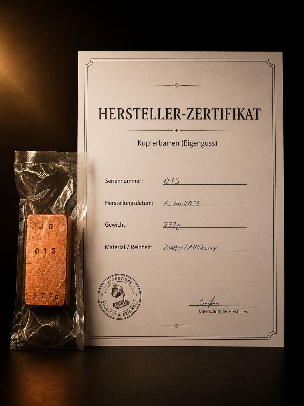Kupferbarren Eigenguss 577g Millberry + Zertifikat