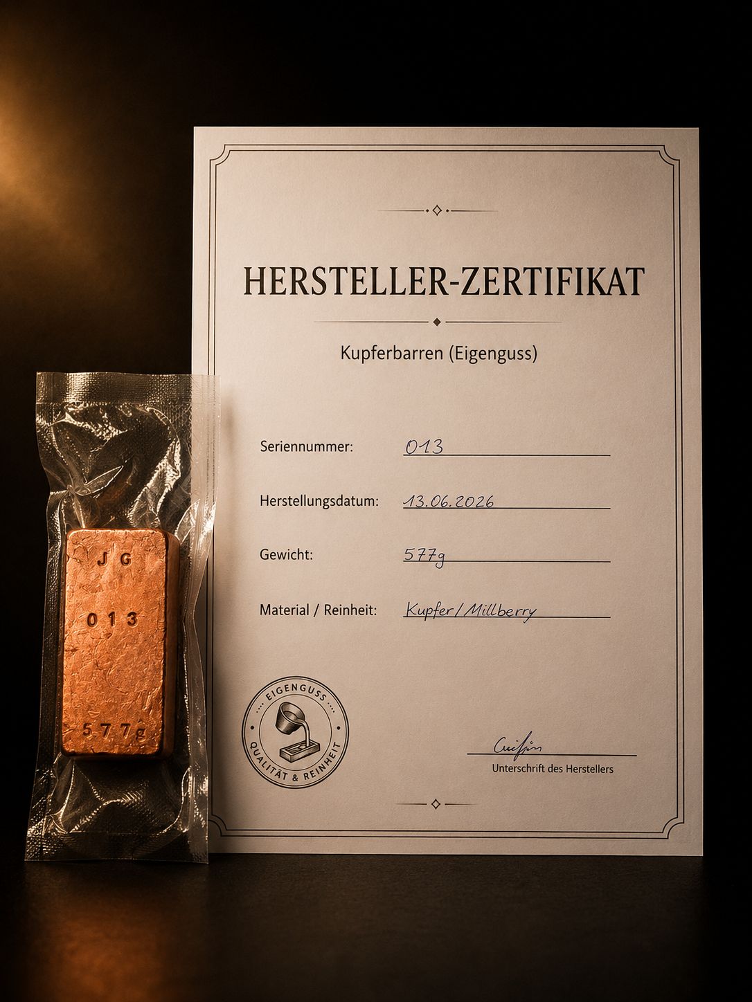Kupferbarren Eigenguss 577g Millberry + Zertifikat
