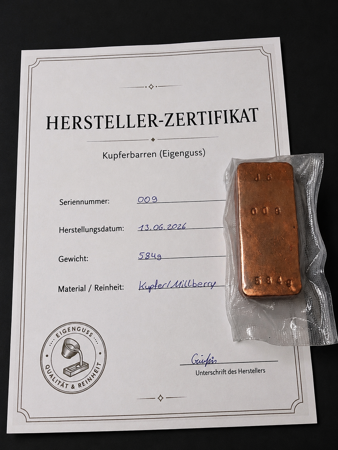 Kupferbarren Eigenguss 584g Millberry +Zertifikat