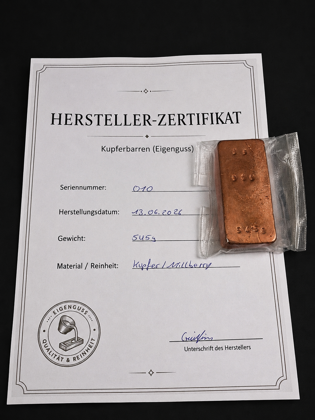 Kupferbarren Eigenguss 545g Millberry +Zertifikat