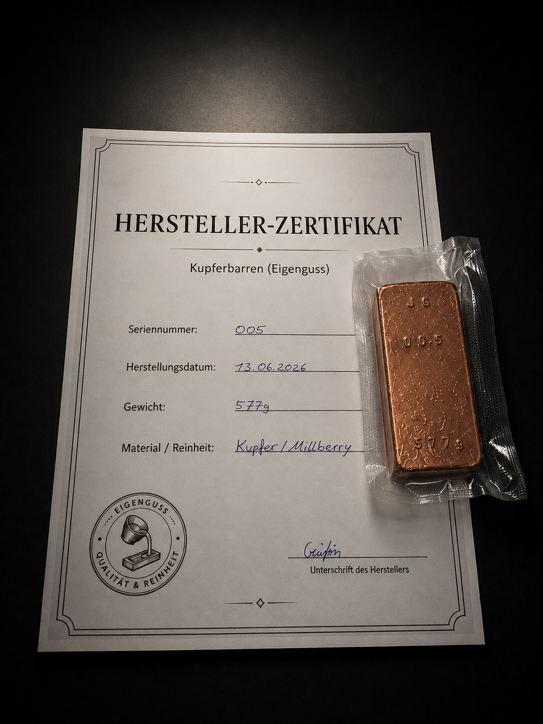 Kupferbarren Eigenguss 577g Millberry+Zertifikat