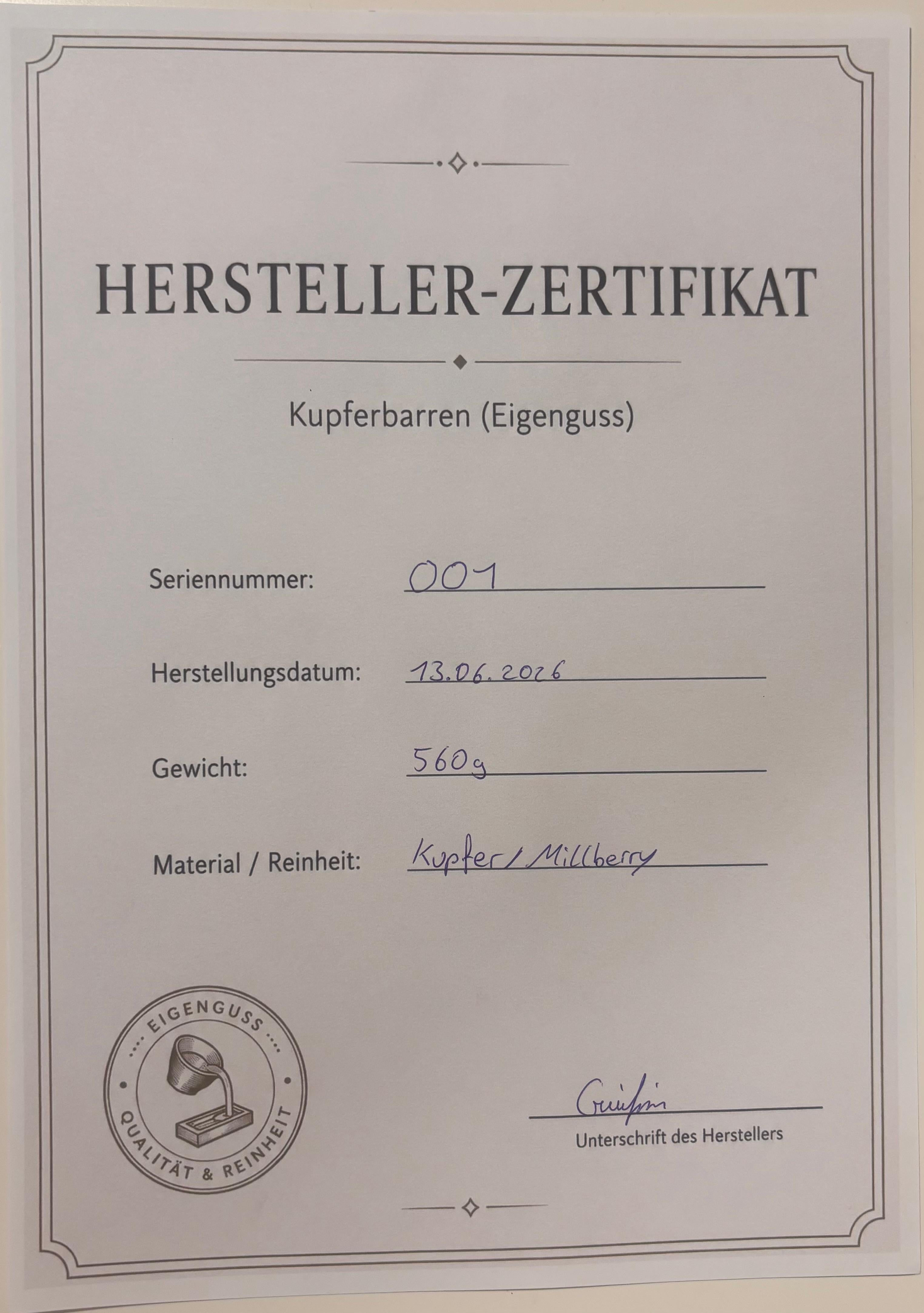 Kupferbarren Eigenguss 560g Millberry +Zertifikat