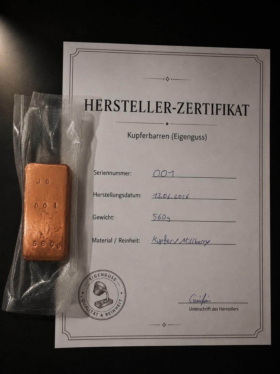 Kupferbarren Eigenguss 560g Millberry +Zertifikat