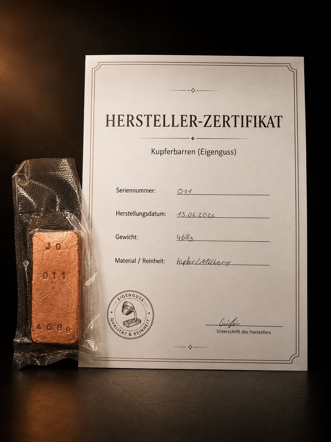 Kupferbarren Eigenguss 468g Millberry + Zertifikat