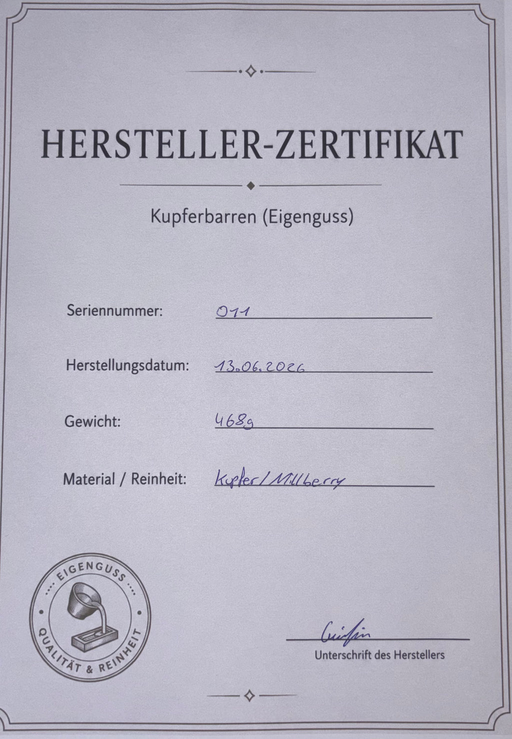 Kupferbarren Eigenguss 468g Millberry + Zertifikat
