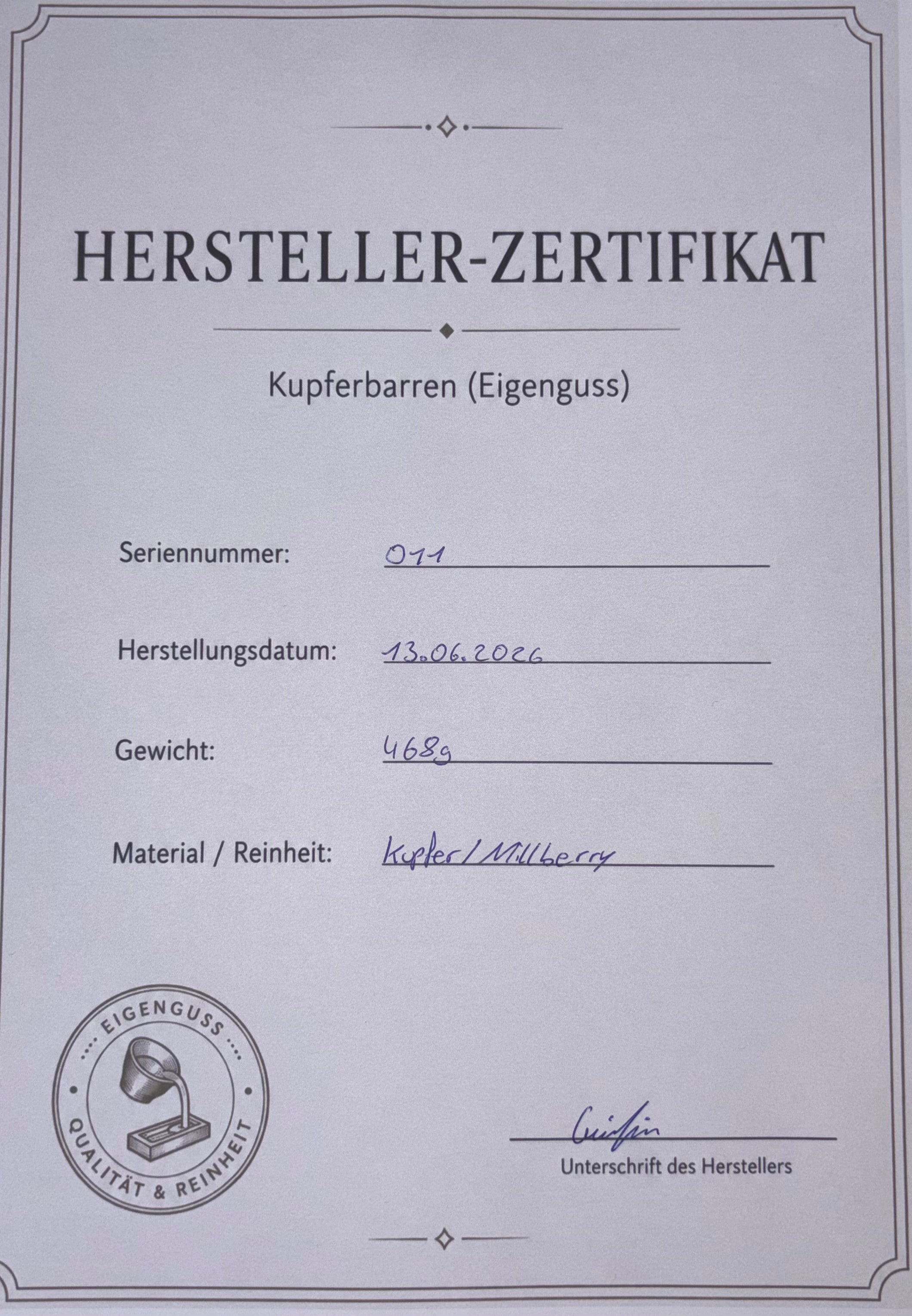 Kupferbarren Eigenguss 468g Millberry + Zertifikat