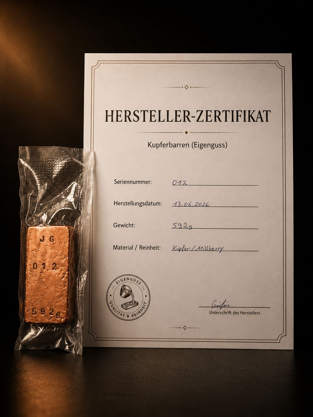 Kupferbarren Eigenguss 592g Millberry + Zertifikat.