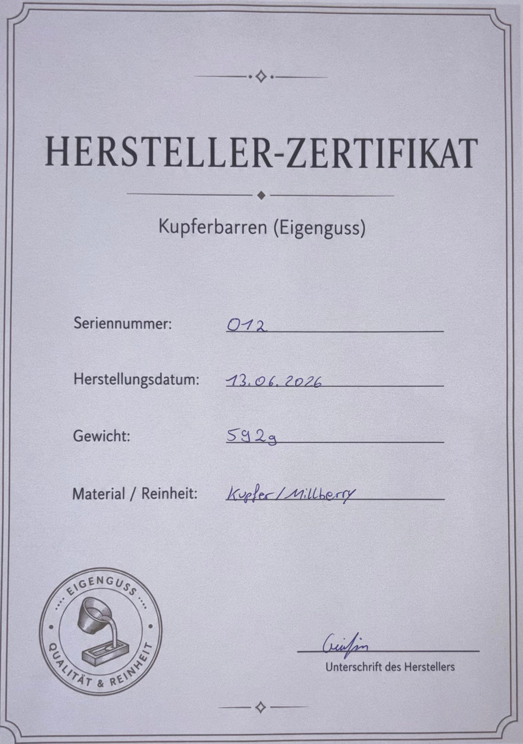 Kupferbarren Eigenguss 592g Millberry + Zertifikat.
