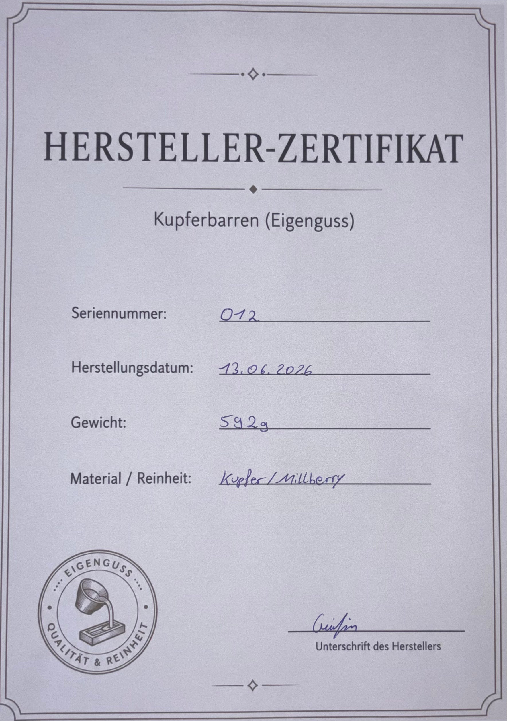 Kupferbarren Eigenguss 592g Millberry + Zertifikat.